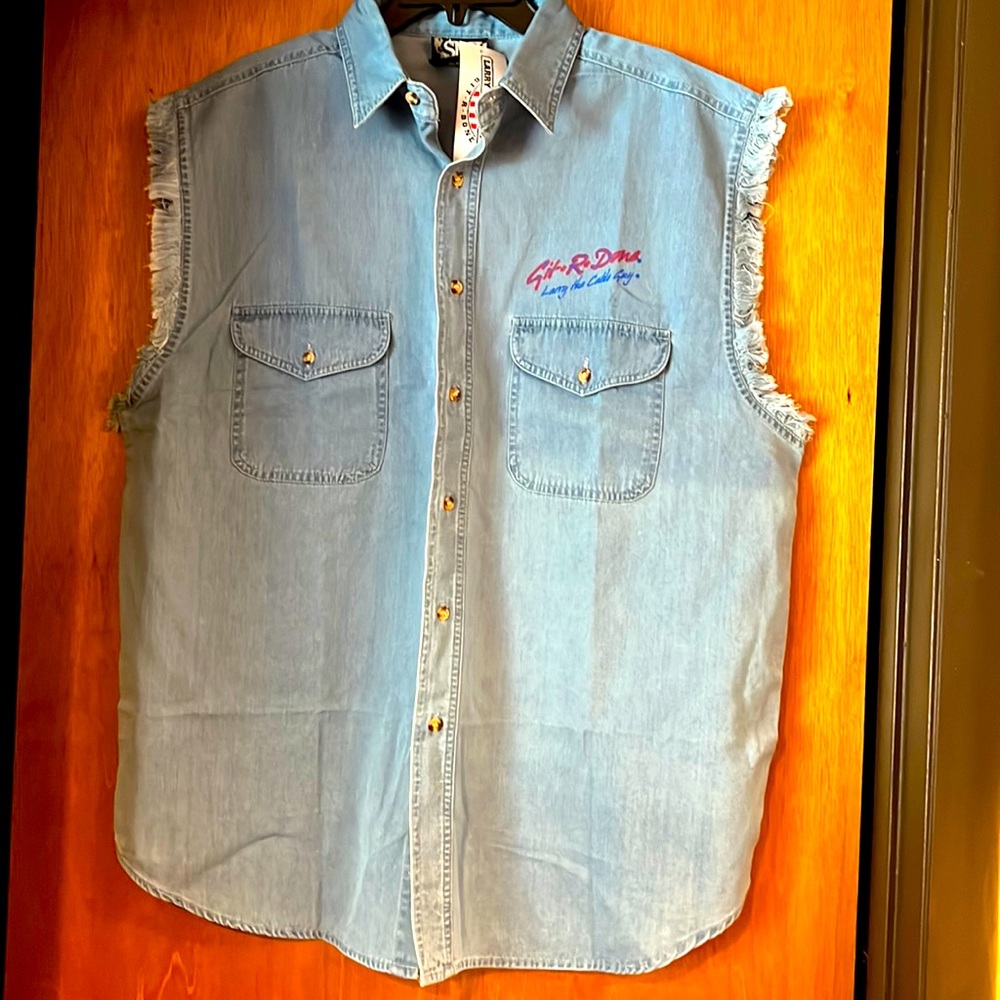 SMI Larry The Cable Guy Denim Shirt XL with sleeveless fringed ends